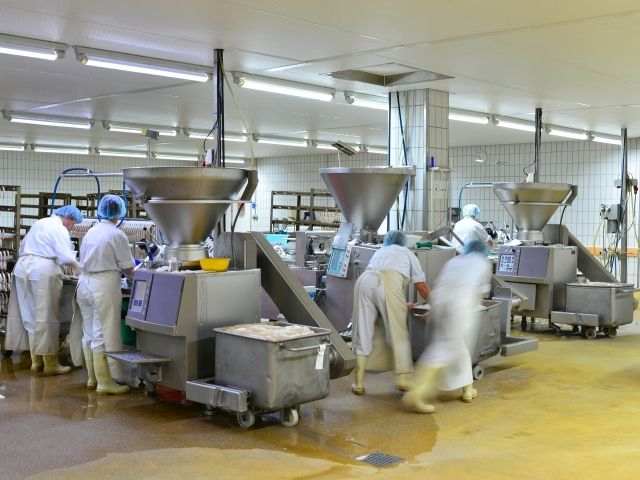 Arbeiter in einer Fleischerei - Herstellung von Würsten in einer Fabrik für Lebensmittel
